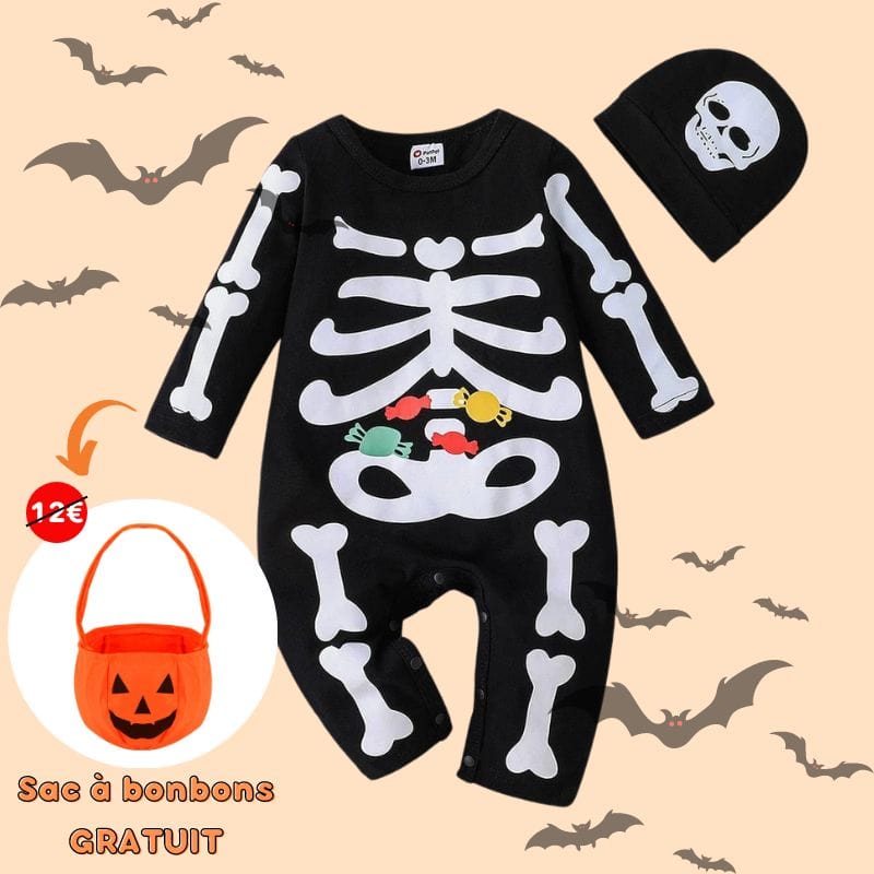 Déguisement bébé halloween squelette avec bonnet