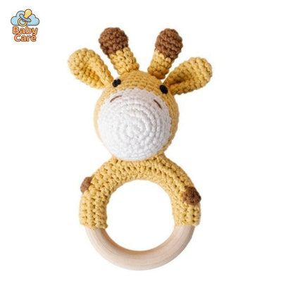 Hochet Nouveau Né Bois et Tricot Animaux Fait Main