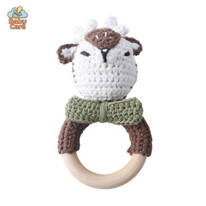 Hochet Nouveau Né Bois et Tricot Animaux Fait Main