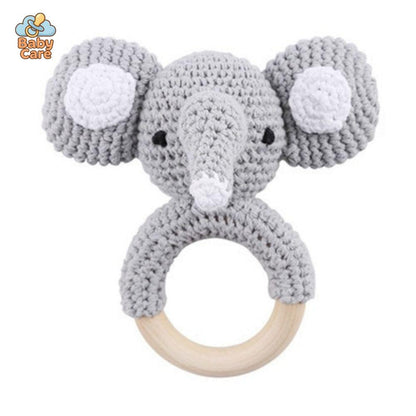 Hochet Nouveau Né Bois et Tricot Animaux Fait Main