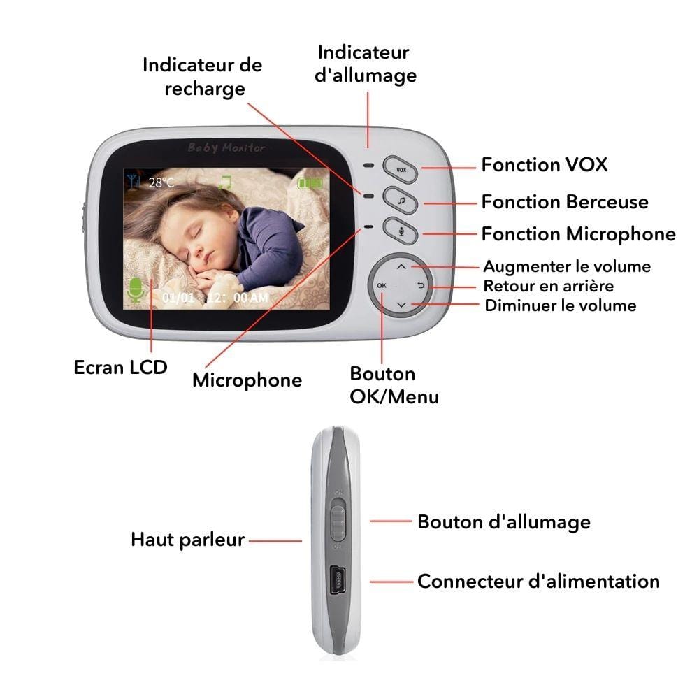 Babyphone : Moniteur bébé avec Ecran Portable à Vision Nocturne