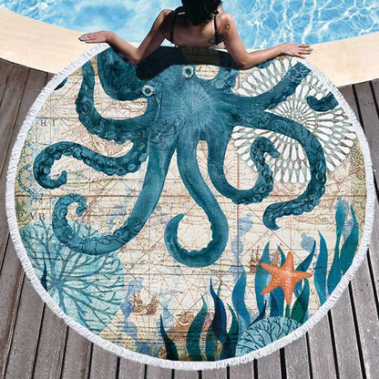 Serviette de plage ronde<br> octopus bleu