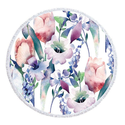 Serviette de plage ronde<br> fleurs aquarelle