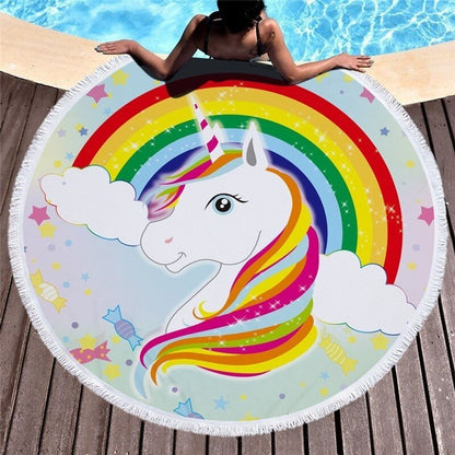 serviette de plage ronde<br> licorne arc en ciel