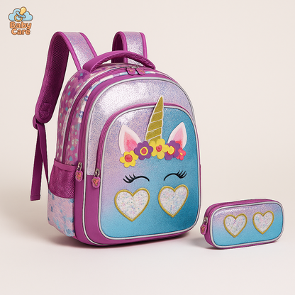 Cartable licorne sequin avec trousse - vue de face