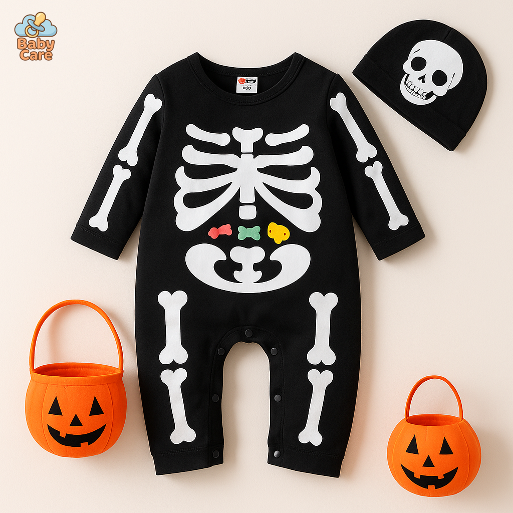 Déguisement bébé halloween squelette avec bonnet - vue de face