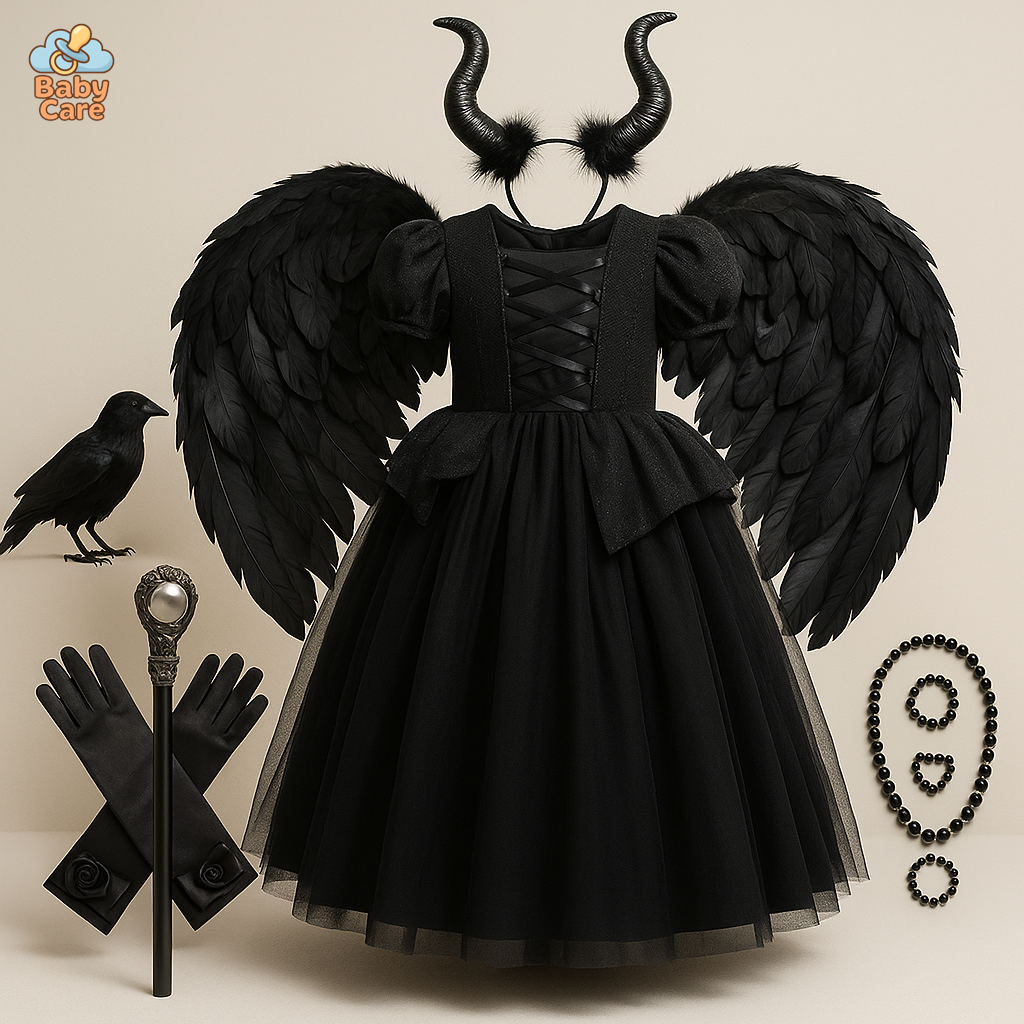 Déguisement de Sorcière Enfant Noir Dentelle Luxe - vue de face