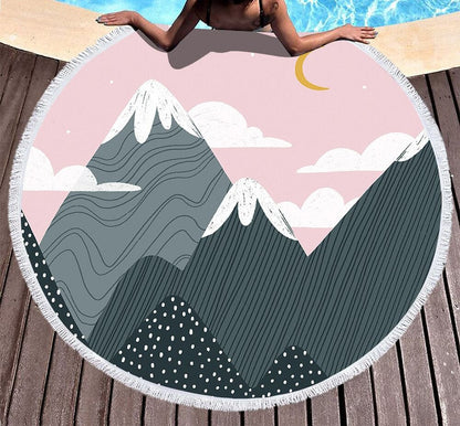 Serviette de plage ronde<br> dessin montagne